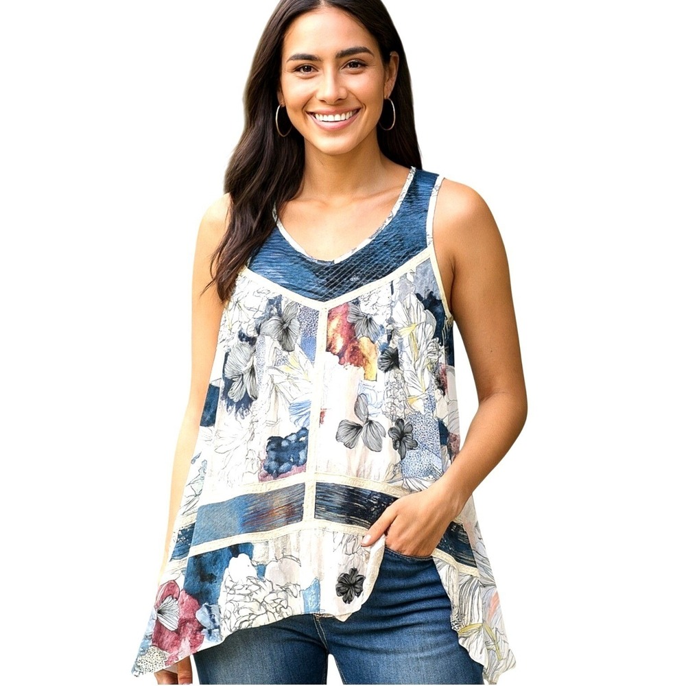 Cable And Gage Tank Top Womens S Floral Patchwork Asymmetrical Hem Sleeveless‎